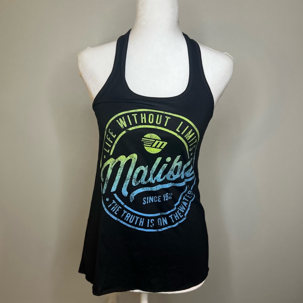 Malibu Black Racerback Tank with Blue & Yellow Ombre Logo